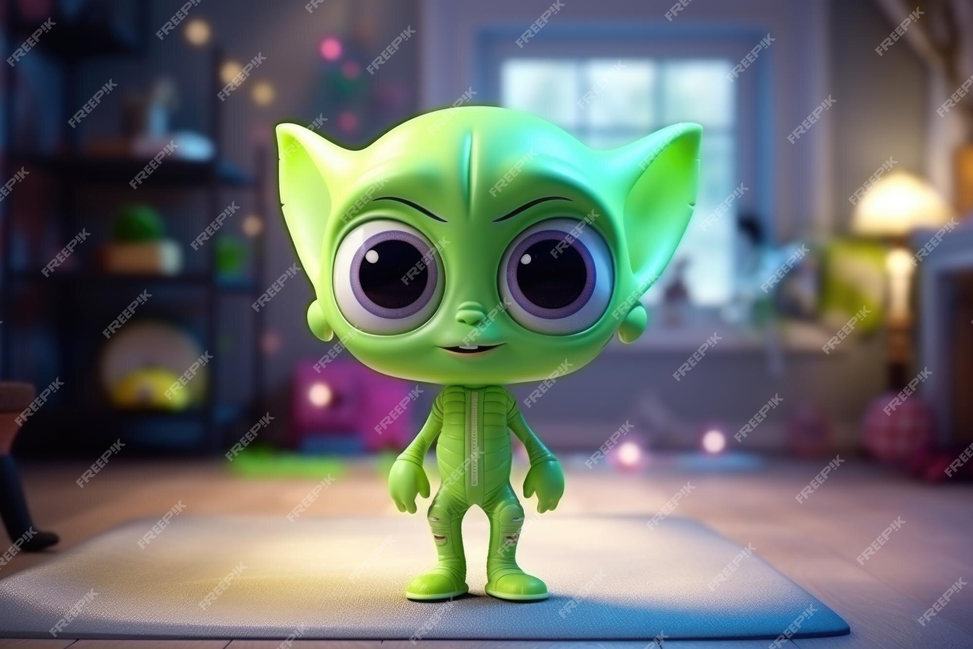 Alienígena adorável e fofa de desenho animado 3d em uma aventura