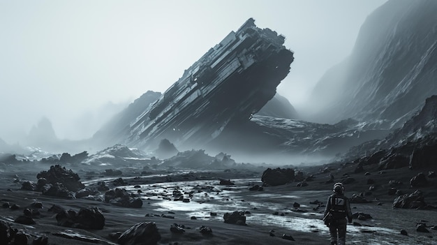 alienígena areia preta paisagem primeiro plano gigante minerais de sulfeto nave espacial entulho preto rochoso nórdico ambiente em segundo plano é ficção científica nave espacial futurista