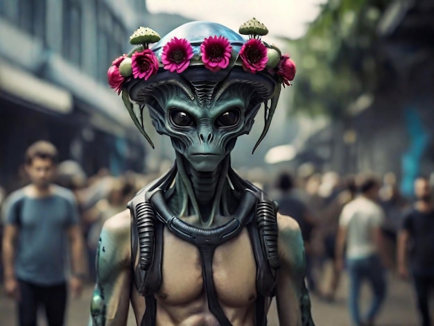 Foto un alienígena en la calle con una corona de flores en la cabeza enfoque selectivo