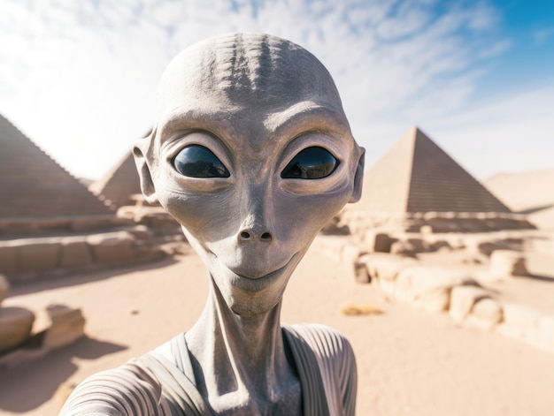 Un alienígena delgado y gris con ojos negros sonríe mientras se toma una selfie frente a las pirámides de Giza