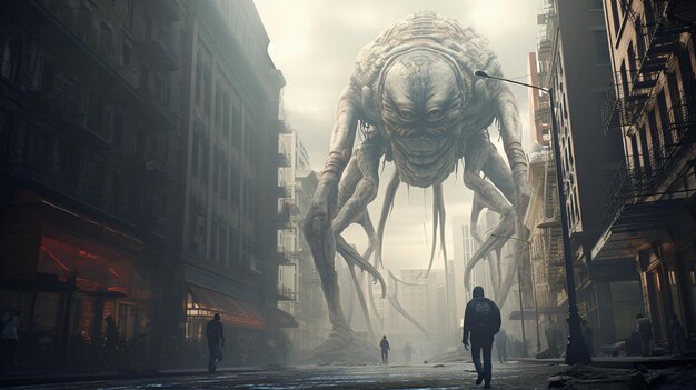 Un alienígena gigante entre edificios en la poblada ciudad