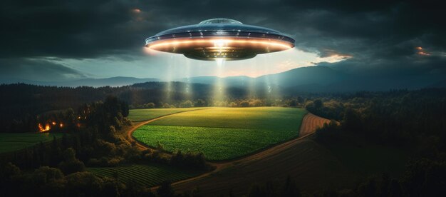 Un alienígena gigante volando sobre un campo verde y exuberante