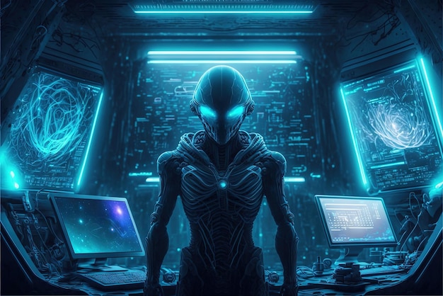 Alienígena humanóide fica ao lado do painel de controle futurista, comando da nave espacial, IA generativa