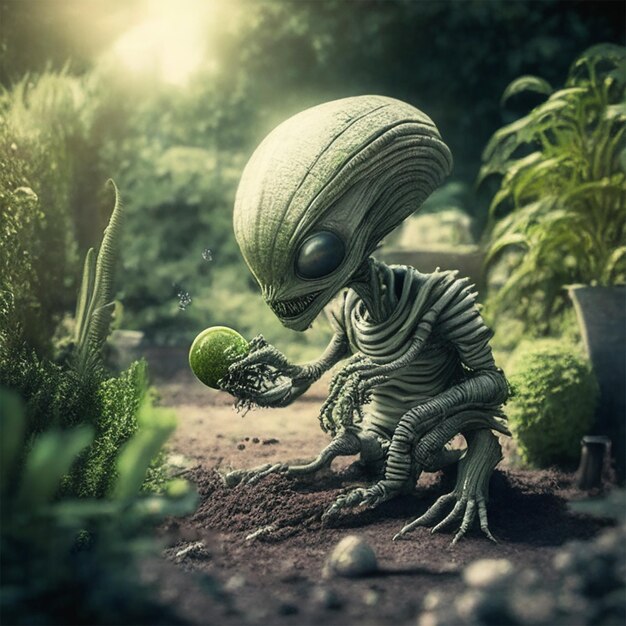 Foto alienígena mirando cosas en el bosque