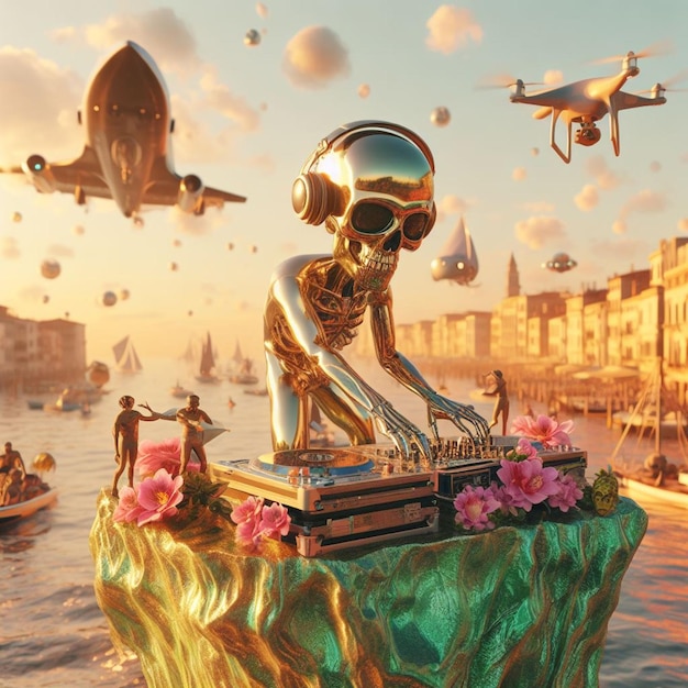 alienígena místico metálico en DJ set tocando música en una fiesta de playa llena de gente en una isla tropical al atardecer