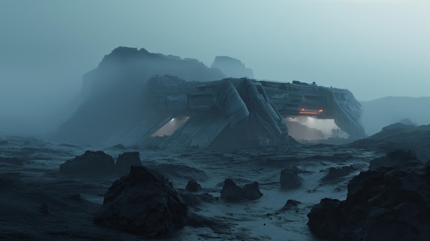 alienígena paisaje de arena negra en primer plano gigante minerales de sulfuro nave espacial nórdica entorno de escombros negros rocosos en el fondo es nave espacial futurista de ciencia ficción