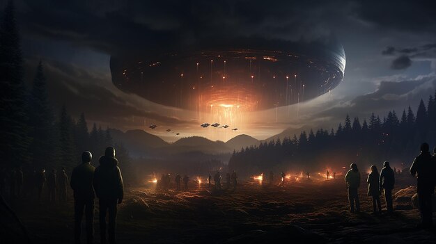alienígena visita platillo volador OVNI aterriza en la atmósfera misteriosa de la niebla nocturna