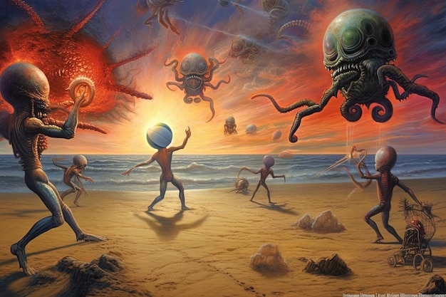 Alienígenas envolvidos em um intenso jogo de vôlei de praia em uma praia celestial completa com três sóis e ilustração multicolorida de areia generativa ai