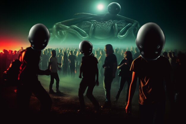 Foto aliens estão andando em uma multidão de pessoas em um concerto generativo ai