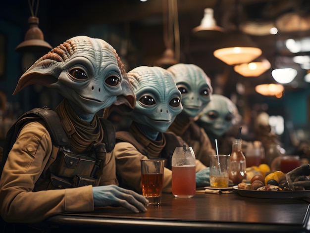 Foto aliens ou extraterrestres desfrutando de uma refeição em um restaurante família alien