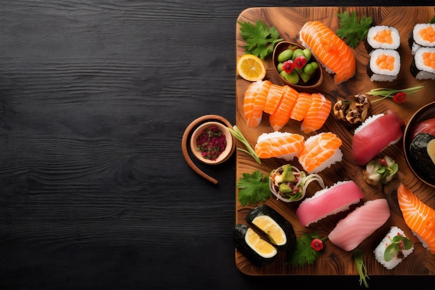 Alimentação com peixes, arroz, frutos do mar saudáveis asiáticos, sushi japonês fresco, IA generativa