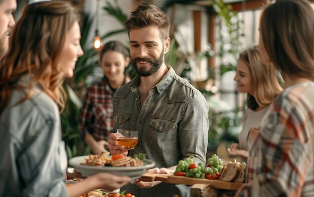 Alimentação de grupo de pessoas buffet de comida interior em restaurante