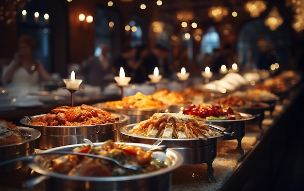 Alimentação de grupo de pessoas buffet de comida interior em restaurante