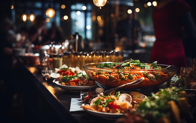 Alimentação de grupo de pessoas buffet de comida interior em restaurante