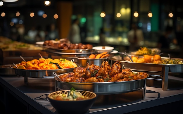 Alimentação de grupo de pessoas buffet de comida interior em restaurante