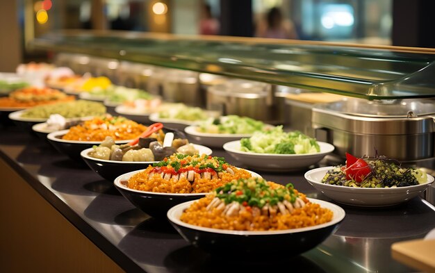 Alimentação de grupo de pessoas buffet de comida interior em restaurante