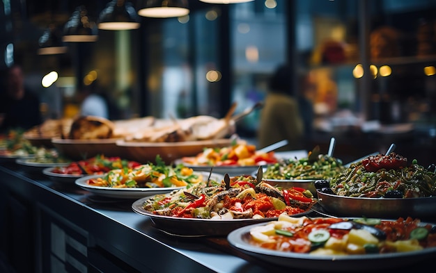 Alimentação de grupo de pessoas buffet de comida interior em restaurante