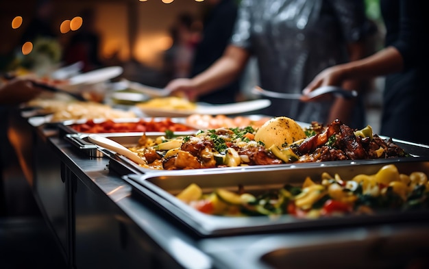 Alimentação de grupo de pessoas buffet de comida interior em restaurante