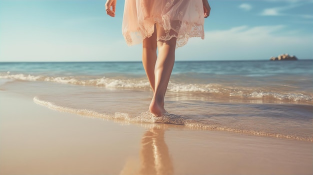 Alimentação de mulher caminhando na bela praia do mar com céu azul claro Férias de verão para passar na praia