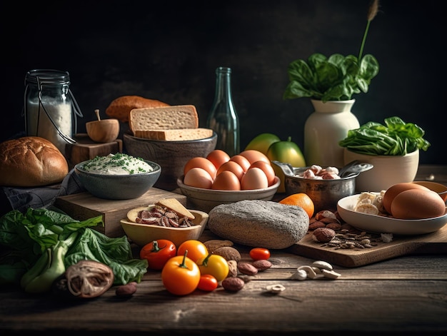 Alimentação dietética equilibrada em uma cozinha rústica Fotografia de alimentos