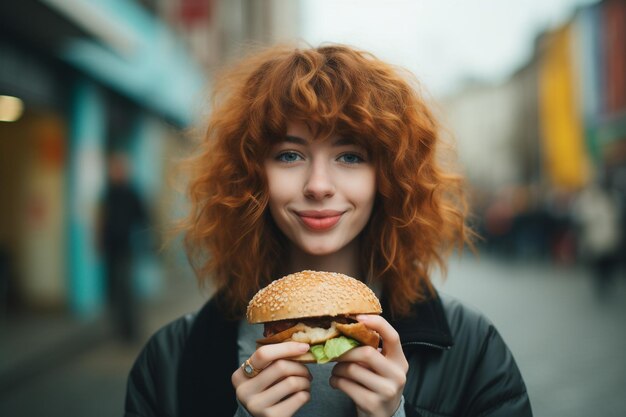 Foto alimentação não saudável e comida de rua rapariga adolescente bonita