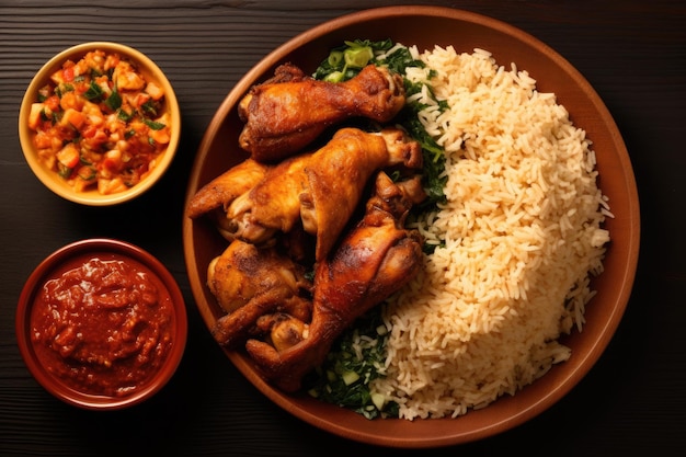 Alimentação nigeriana Flat Lay Composição com carne de arroz e frango Refeição deliciosa para jantar ou almoço