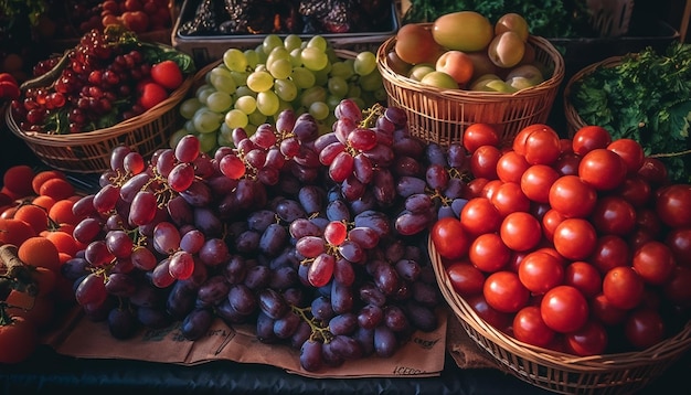 Alimentação saudável Cesta de frutas e vegetais orgânicos frescos gerada por IA