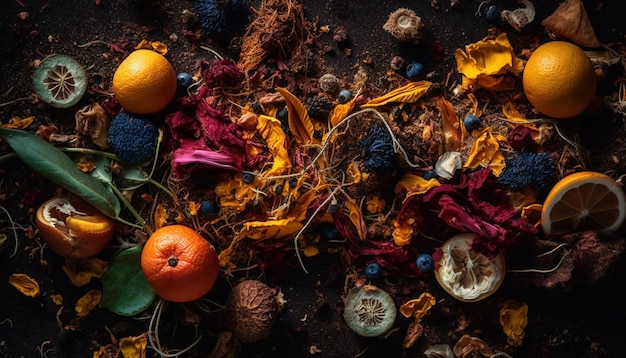 Alimentação saudável Decoração de frutas cítricas frescas na mesa gerada por IA