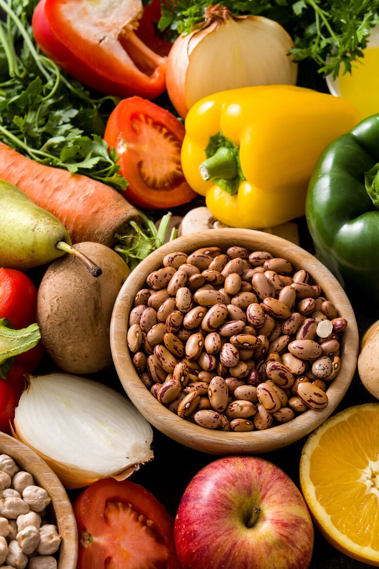 Foto alimentação saudável. dieta mediterrânea. frutas, legumes e grãos