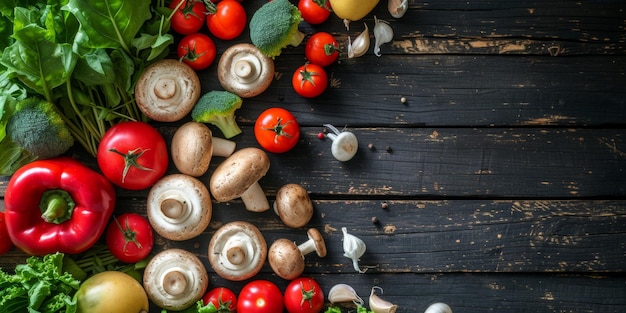 Alimentação saudável e equilibrada vista de cima Frutas e legumes frescos orgânicos na mesa IA geradora