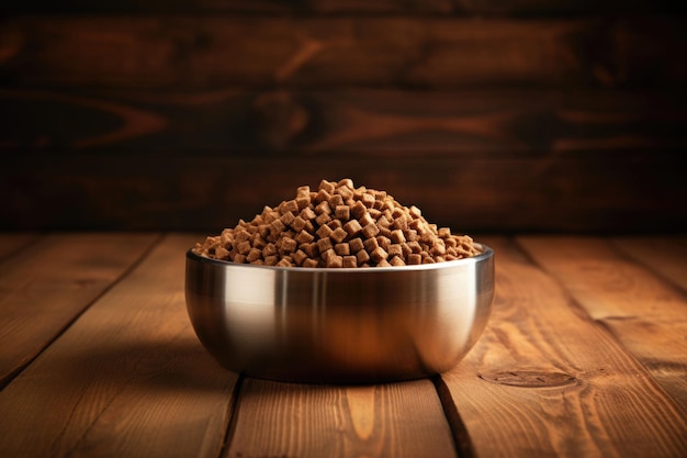 Alimentação seca para cães em uma tigela em fundo de madeira Ilustração de IA generativa