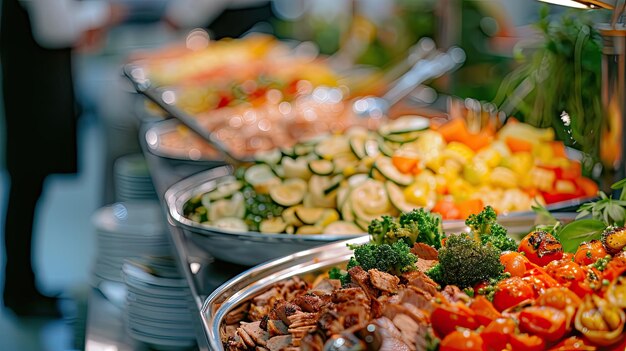 Alimentación buffet en un restaurante de lujo con carne y verduras