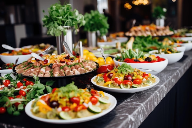 Alimentación buffet en un restaurante de lujo con carne y verduras