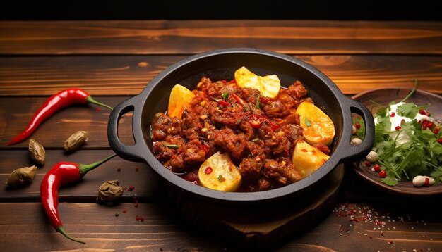 Foto alimentación saludable comida vegetariana estofado de carne de res cocinado con ingredientes orgánicos generados por inteligencia artificial