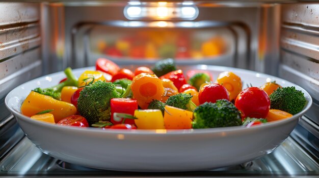 La alimentación saludable es fácil con verduras al vapor en un microondas blanco