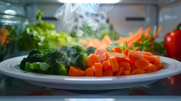 La alimentación saludable es fácil con verduras al vapor en un microondas blanco