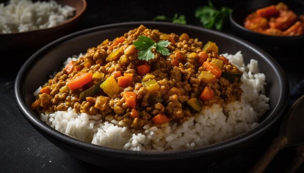 Alimentación saludable Frescura y comida vegetariana en un plato de arroz generado por inteligencia artificial