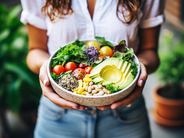 Alimentación saludable Individuo sonriente sosteniendo un plato nutritivo de alimentos de aguacate IA generativa