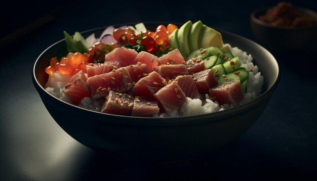 Alimentación saludable con mariscos frescos y sashimi de verduras en un plato generado por inteligencia artificial
