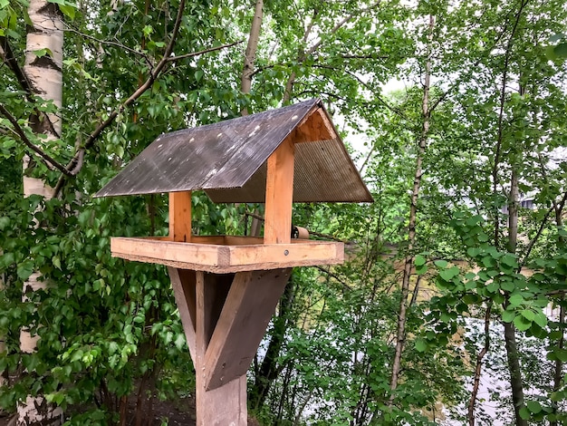 Alimentador de pássaros. Casa em stick para pássaros, apartamento divertido. Design simples para alimentar pássaros na margem do rio. Abrigo para criação de pássaros. Alimentador de pássaros do jardim. Espaço para texto ou logotipo