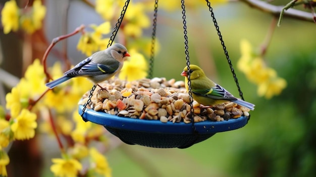 Foto alimentador de pássaros cheio de petiscos