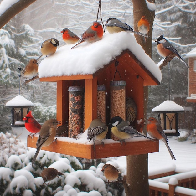 Alimentador de pássaros na floresta de inverno Alimentador de pássaros na floresta de inverno Casa de pássaros na floresta com flores e