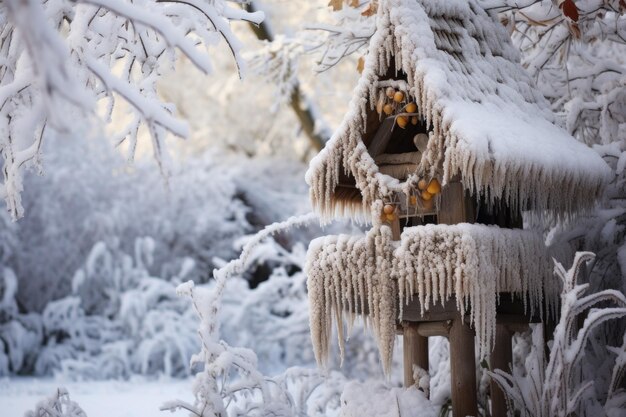 Alimentador de pássaros no inverno coberto de neve e gelo