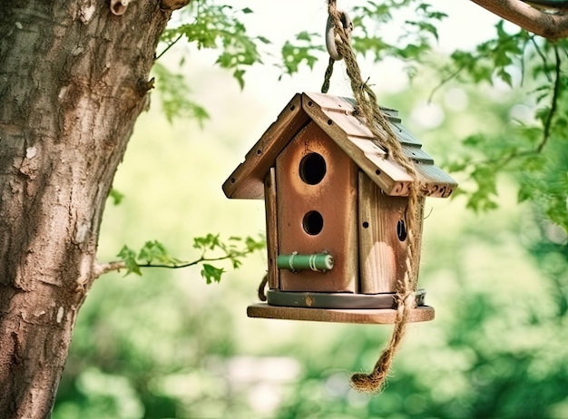 Alimentadores para aves en el parque de la ciudad creados con tecnología de IA generativa