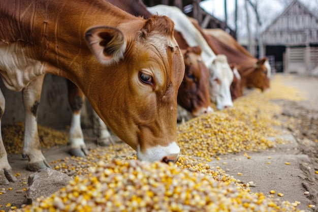 Foto alimentar el establo de animales con ganado vacuno y maíz en un entorno ecuestre