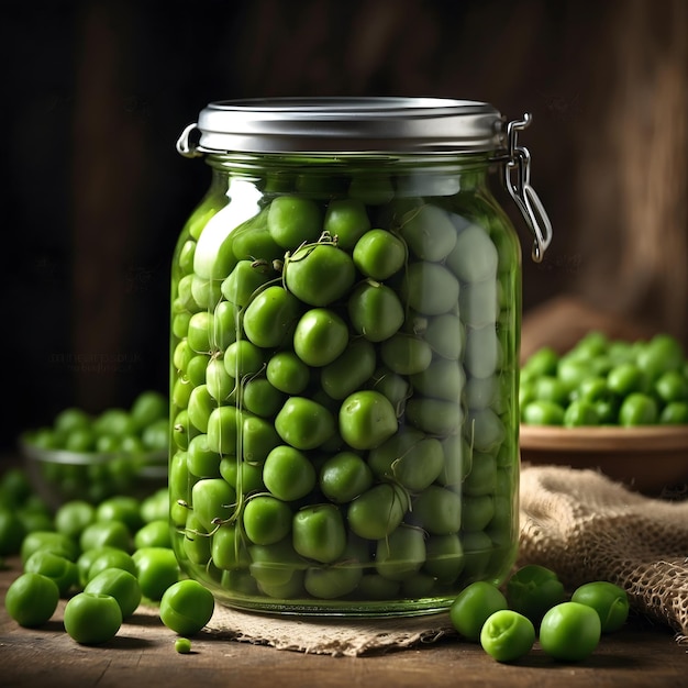 Alimento fermentado casero guisantes verdes enlatados en frasco de vidrio