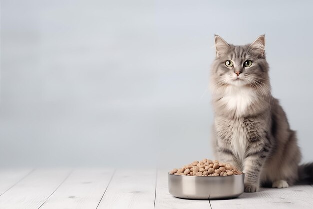 Alimento para gatos y mascotas lindo y esponjoso en un cuenco sobre un fondo gris Alimento saludable para mascotas Alimento dietético equilibrado