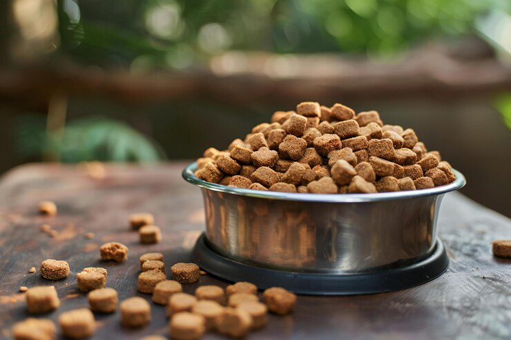 Alimento para perros en cuenco de metal en mesa de madera con spresent de acero inoxidable de cerca de alimento para perros en el gro
