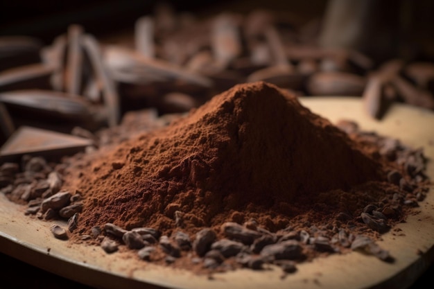 Foto alimento en polvo ingrediente de cacao marrón postre de frijol dulce oscuro de chocolate ia generativa