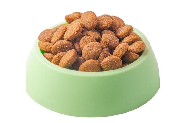 Alimento seco para animales en un recipiente verde Nutrición equilibrada para gatos o perros Alimentos para mascotas